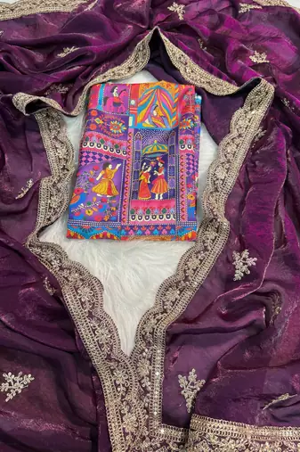 Purple Color Fendy Satin Silk Embroidered Saree