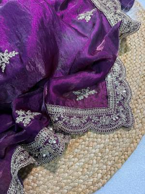 Purple Color Fendy Satin Silk Embroidered Saree 3