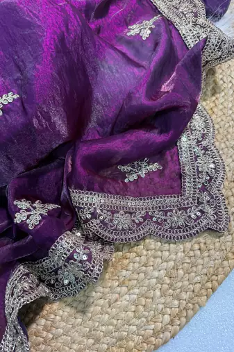 Purple Color Fendy Satin Silk Embroidered Saree