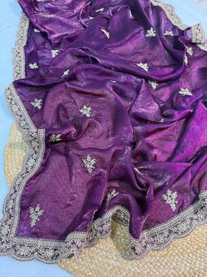 Purple Color Fendy Satin Silk Embroidered Saree 4