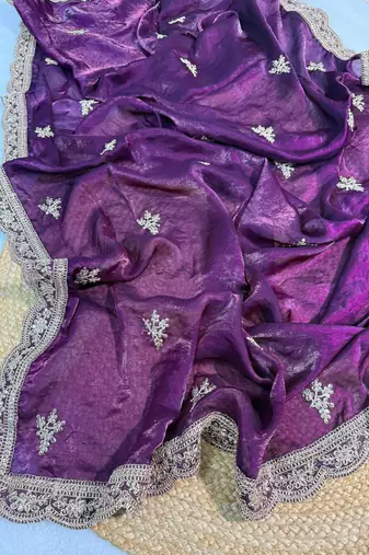 Purple Color Fendy Satin Silk Embroidered Saree