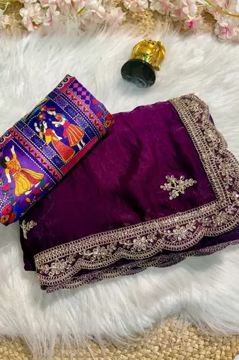 Purple Color Fendy Satin Silk Embroidered Saree