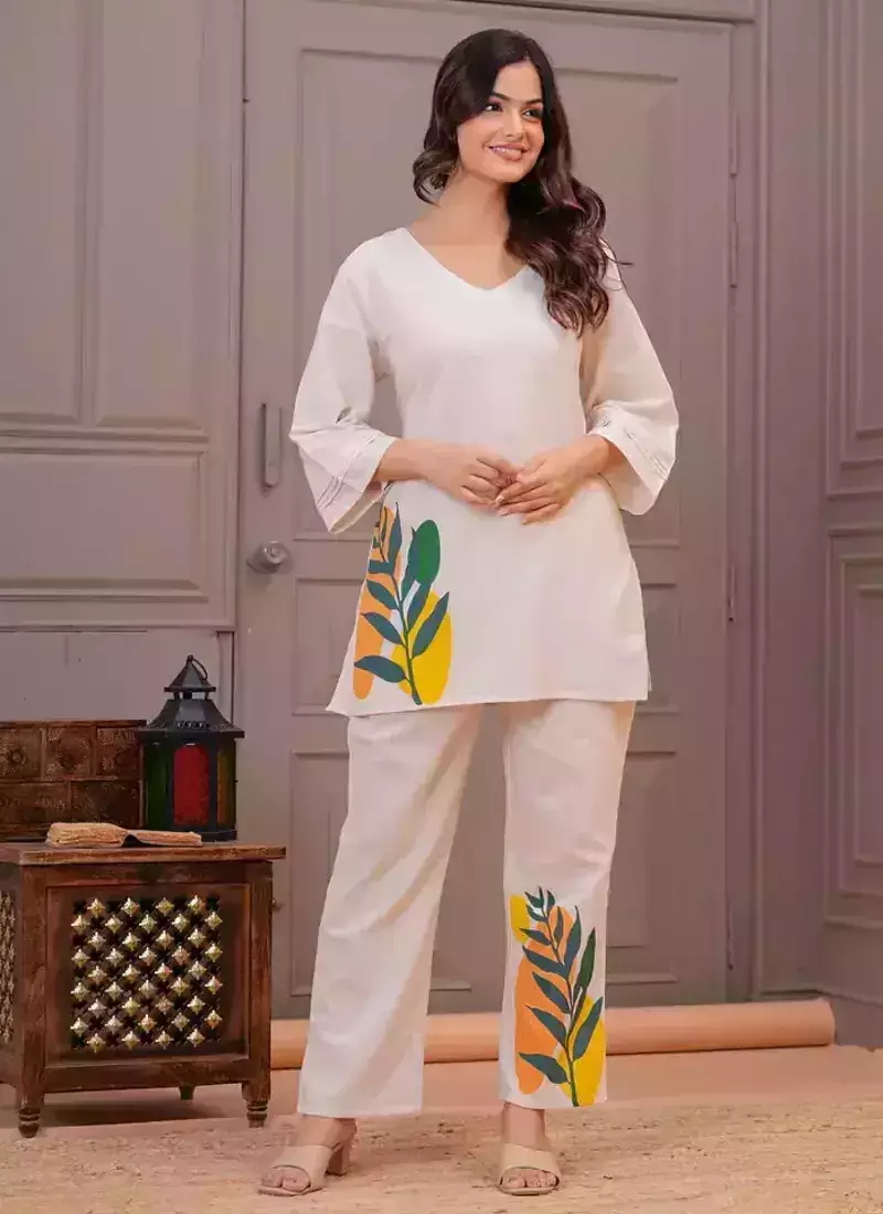 Off White Printed Cotton Flex Co-Ord Set