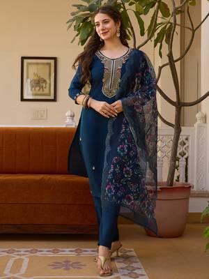 Navy blue viscose chanderi thread embroidered with beads work kurta pant set 1