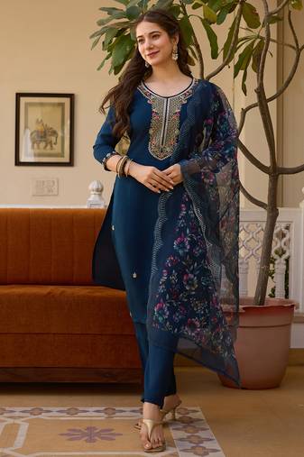 Navy blue viscose chanderi thread embroidered with beads work kurta pant set