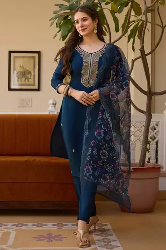 Navy blue viscose chanderi thread embroidered with beads work kurta pant set