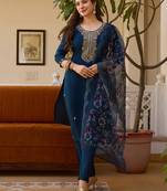 Navy blue viscose chanderi thread embroidered with beads work kurta pant set