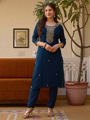 Navy blue viscose chanderi thread embroidered with beads work kurta pant set 2