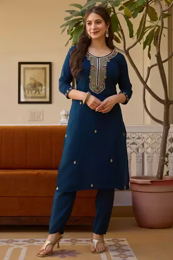 Navy blue viscose chanderi thread embroidered with beads work kurta pant set