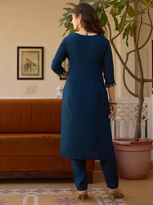 Navy blue viscose chanderi thread embroidered with beads work kurta pant set 3