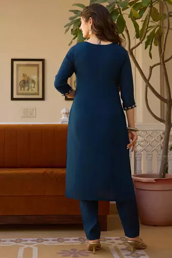 Navy blue viscose chanderi thread embroidered with beads work kurta pant set