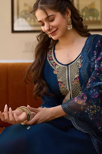 Navy blue viscose chanderi thread embroidered with beads work kurta pant set