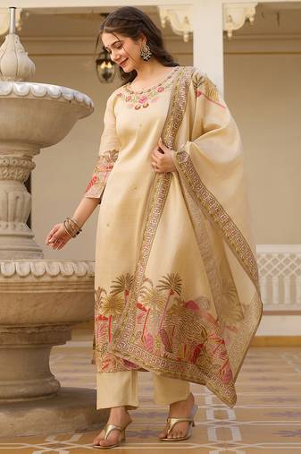 Beige viscose silk thread embroidered with print & beads work kurta pant set