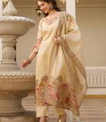 Beige viscose silk thread embroidered with print & beads work kurta pant set