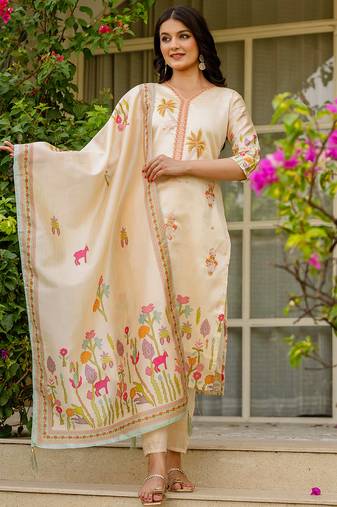 Cream viscose silk thread embroidered with print & beads work kurta pant set