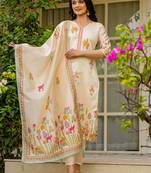 Cream viscose silk thread embroidered with print & beads work kurta pant set