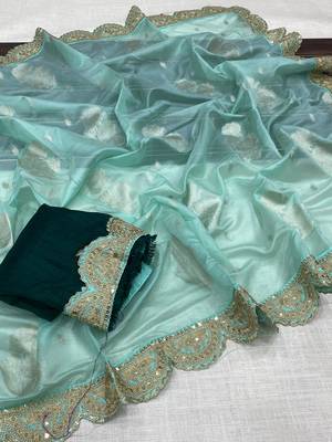 Aqua Blue Color Designer Organza Party Wear Saree 1