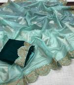 Aqua Blue Color Designer Organza Party Wear Saree