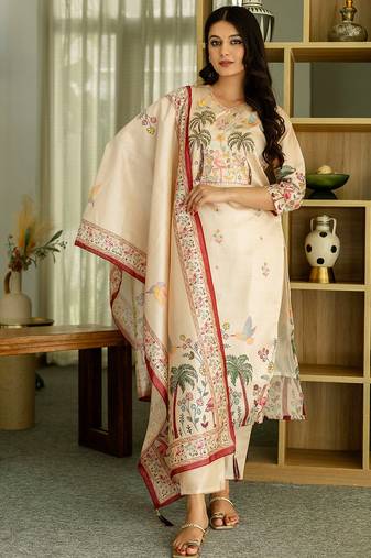 Cream vichitra silk thread embroidered with print & beads work kurta pant set