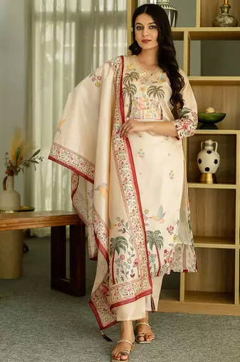 Cream vichitra silk thread embroidered with print & beads work kurta pant set