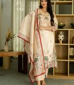 Cream vichitra silk thread embroidered with print & beads work kurta pant set