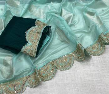Aqua Blue Color Designer Organza Party Wear Saree 2
