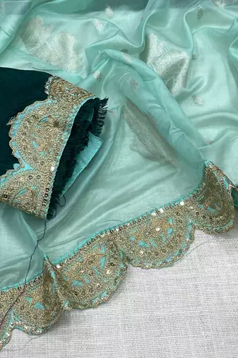Aqua Blue Color Designer Organza Party Wear Saree