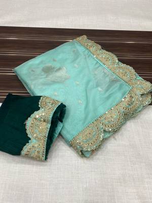 Aqua Blue Color Designer Organza Party Wear Saree 3