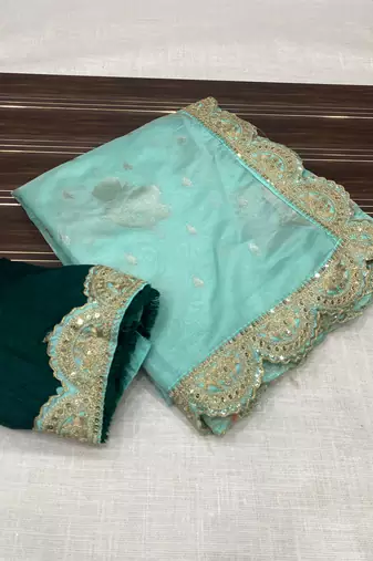 Aqua Blue Color Designer Organza Party Wear Saree