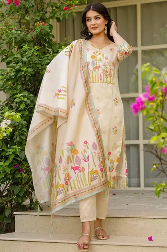 Cream vichitra silk thread embroidered with print & beads work kurta pant set