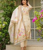 Cream vichitra silk thread embroidered with print & beads work kurta pant set