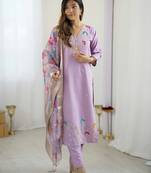 Lavender viscose gadhval silk thread embroidered with beads work kurta pant set