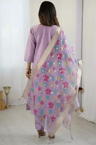 Lavender viscose gadhval silk thread embroidered with beads work kurta pant set