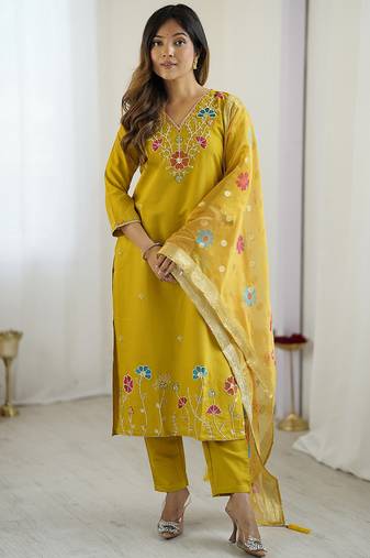 Yellow viscose gadhval silk thread embroidered with beads work kurta pant set