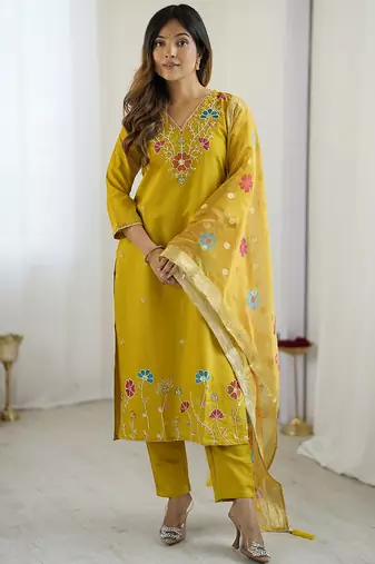 Yellow viscose gadhval silk thread embroidered with beads work kurta pant set