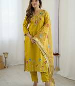 Yellow viscose gadhval silk thread embroidered with beads work kurta pant set