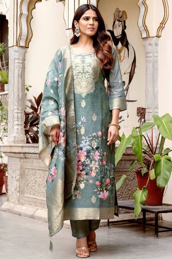 Grey chanderi cotton jacquard woven with digital print kurta pant set