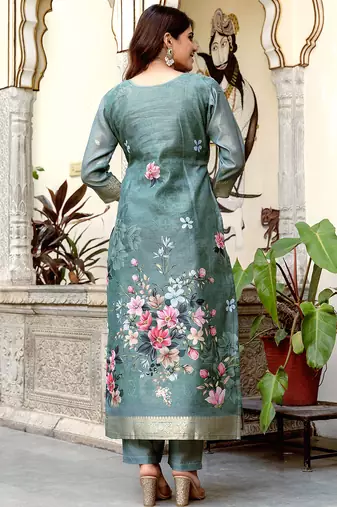 Grey chanderi cotton jacquard woven with digital print kurta pant set