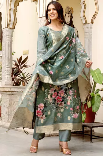Grey chanderi cotton jacquard woven with digital print kurta pant set