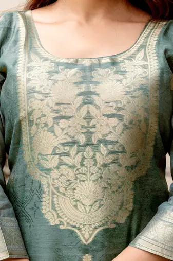 Grey chanderi cotton jacquard woven with digital print kurta pant set