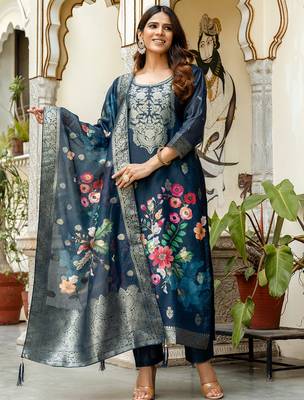 Navy blue chanderi cotton jacquard woven with digital print kurta pant set 1