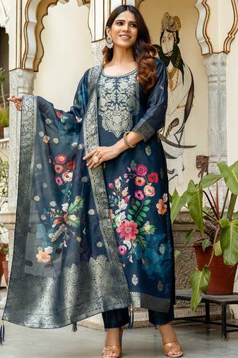 Navy blue chanderi cotton jacquard woven with digital print kurta pant set
