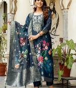 Navy blue chanderi cotton jacquard woven with digital print kurta pant set