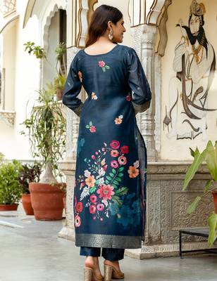 Navy blue chanderi cotton jacquard woven with digital print kurta pant set 2