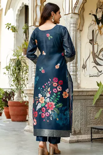 Navy blue chanderi cotton jacquard woven with digital print kurta pant set