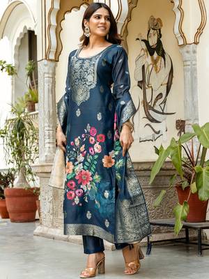 Navy blue chanderi cotton jacquard woven with digital print kurta pant set 3