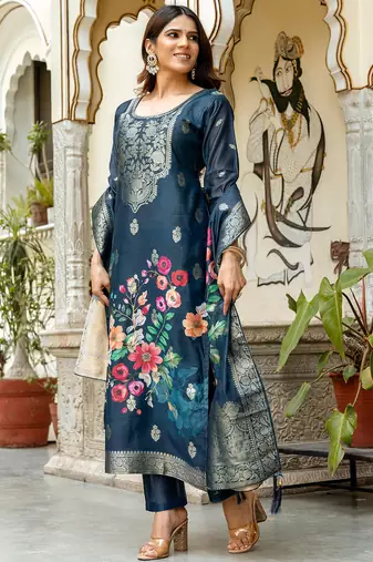 Navy blue chanderi cotton jacquard woven with digital print kurta pant set