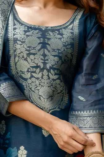 Navy blue chanderi cotton jacquard woven with digital print kurta pant set