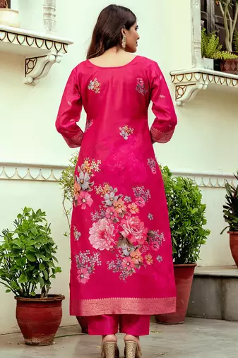 Ranipink chanderi cotton jacquard woven with digital print kurta pant set