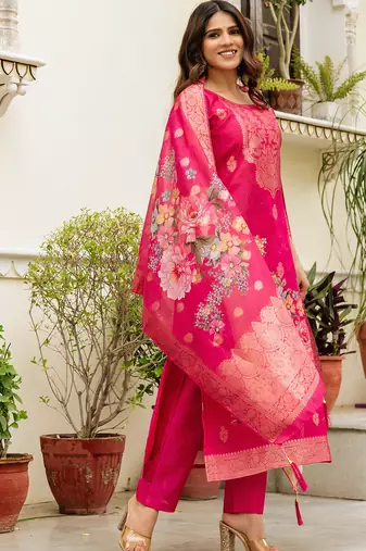 Ranipink chanderi cotton jacquard woven with digital print kurta pant set